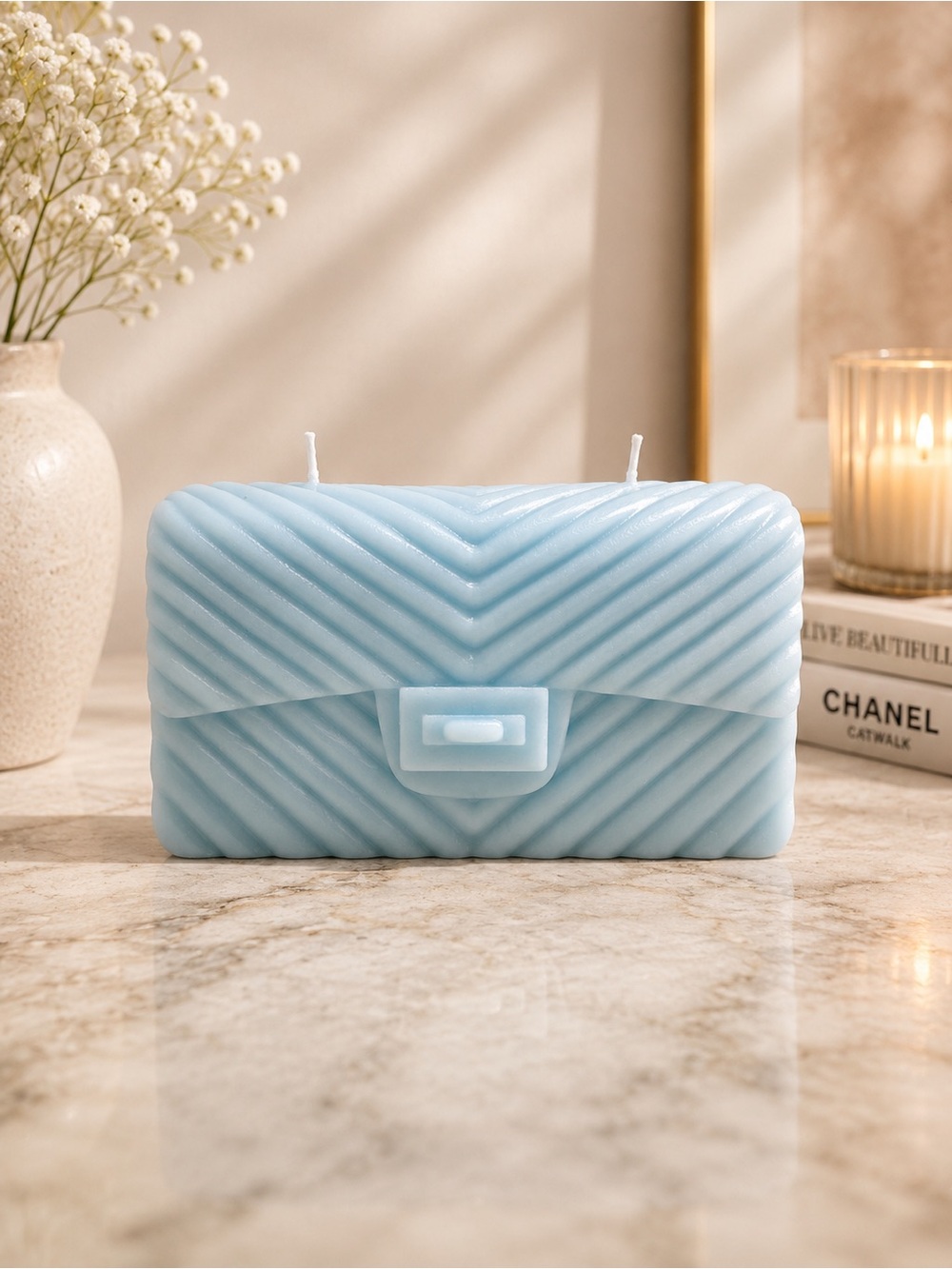 Light Blue Quilted Clutch Candle